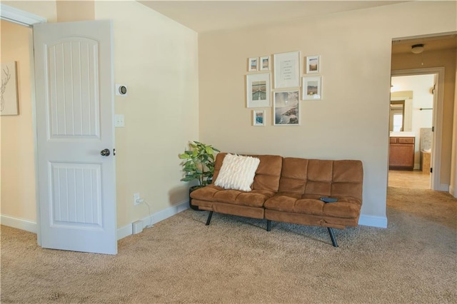 living area featuring baseboards and carpet