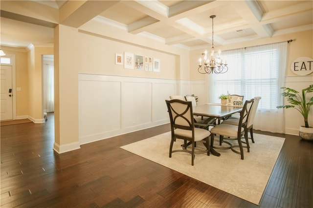 dining area featuring dark wood-style floors, beam ceiling, coffered ceiling, and a decorative wall