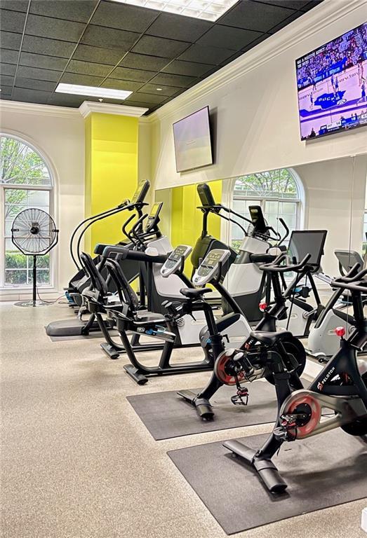 gym featuring ornamental molding and a healthy amount of sunlight