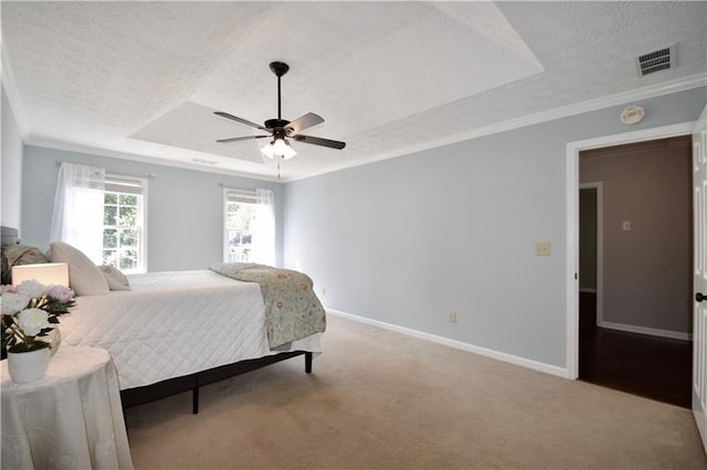 5040 Puritan Dr, Sugar Hill, GA 30518 - bedroom featuring a textured ceiling, a raised ceiling, carpet, a ceiling fan, and ornamental molding