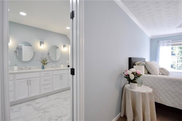 5040 Puritan Dr, Sugar Hill, GA 30518 - bedroom with crown molding, light marble finish flooring, a textured ceiling, ensuite bath, and recessed lighting