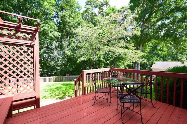 5040 Puritan Dr, Sugar Hill, GA 30518 - wooden terrace featuring a fenced backyard, outdoor dining space, and view of wooded area