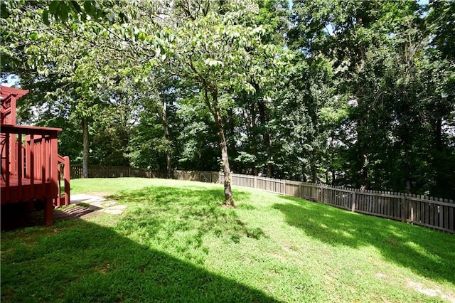 5040 Puritan Dr, Sugar Hill, GA 30518 - fenced backyard with a wooden deck and view of wooded area