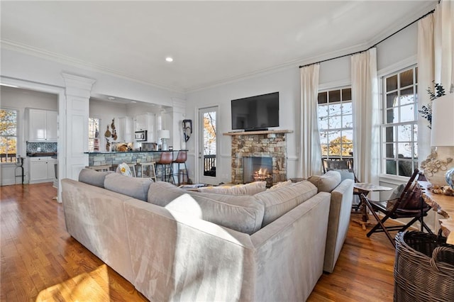 living room featuring a fireplace, light wood-type flooring, and plenty of natural light