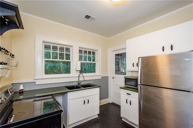 kitchen with stainless steel appliances, ornamental molding, sink, and white cabinets