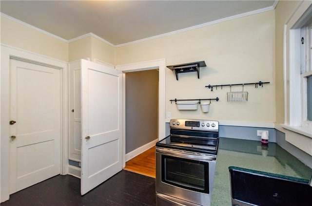 kitchen featuring ornamental molding, stainless steel electric stove, and dark hardwood / wood-style flooring