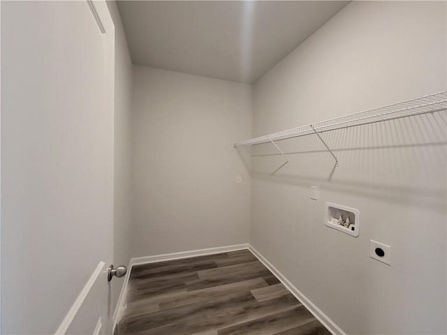 washroom with laundry area, washer hookup, baseboards, dark wood finished floors, and electric dryer hookup