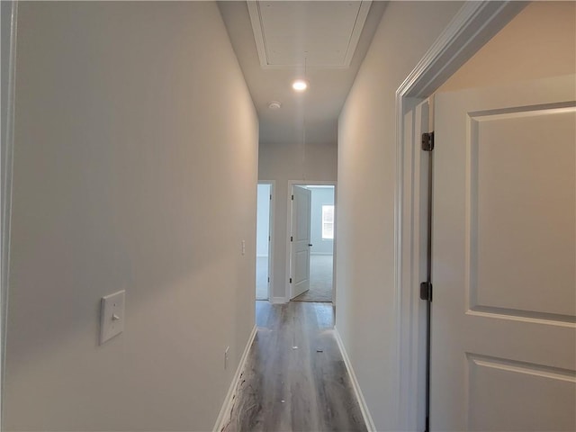 hallway with wood finished floors, attic access, and baseboards