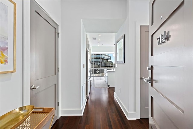 hallway with dark wood-type flooring