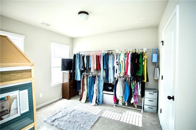 walk in closet with light carpet