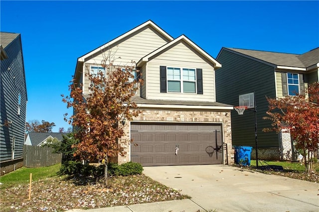 traditional home featuring a garage, fence, concrete driveway, and brick siding