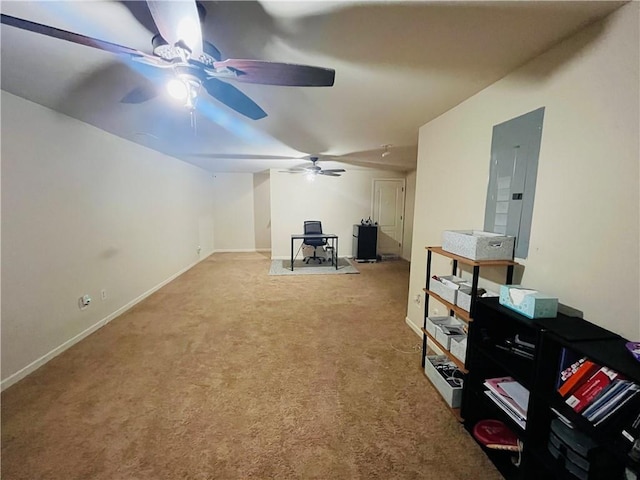 interior space featuring electric panel, baseboards, and carpet flooring