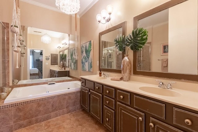 6426 Queens Court Trce Unit 7, Mableton, GA 30126 - ensuite bathroom with crown molding, a garden tub, double vanity, tile patterned floors, and a chandelier
