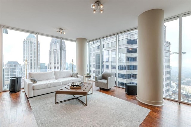 living room featuring hardwood / wood-style flooring, expansive windows, and a wealth of natural light