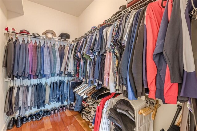 walk in closet with hardwood / wood-style flooring