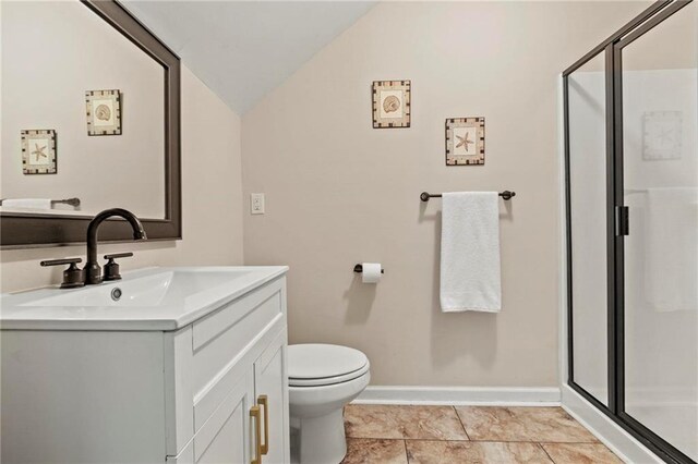 5440 Willow Oak Dr, Norcross, GA 30092 - bathroom with vaulted ceiling, vanity, and a stall shower