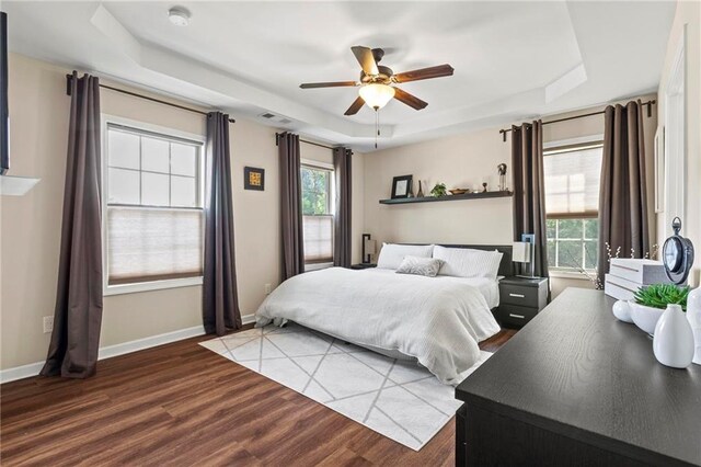 5440 Willow Oak Dr, Norcross, GA 30092 - bedroom with a tray ceiling, wood finished floors, and ceiling fan