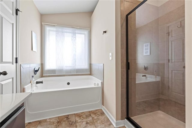 5440 Willow Oak Dr, Norcross, GA 30092 - bathroom featuring a garden tub, a shower stall, vanity, and lofted ceiling