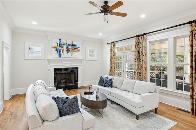 living room featuring baseboards, a fireplace, crown molding, and light wood finished floors