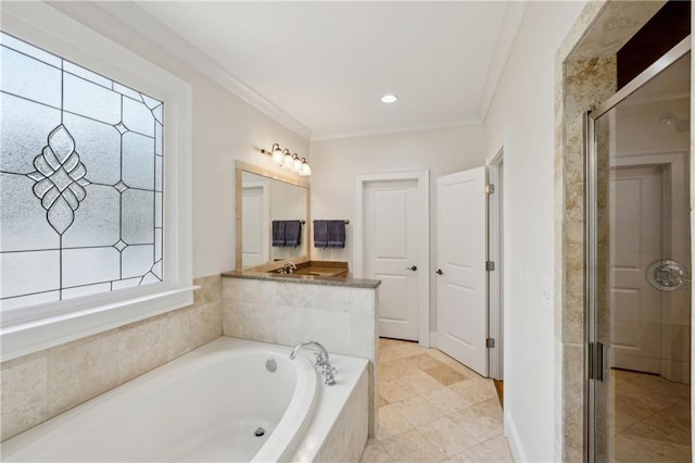 full bath with a bath, a shower stall, and crown molding