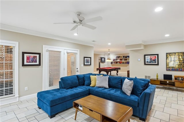 living room featuring recessed lighting, pool table, crown molding, baseboards, and ceiling fan