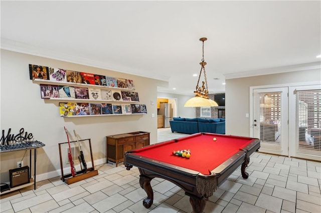 rec room featuring recessed lighting, baseboards, pool table, and crown molding