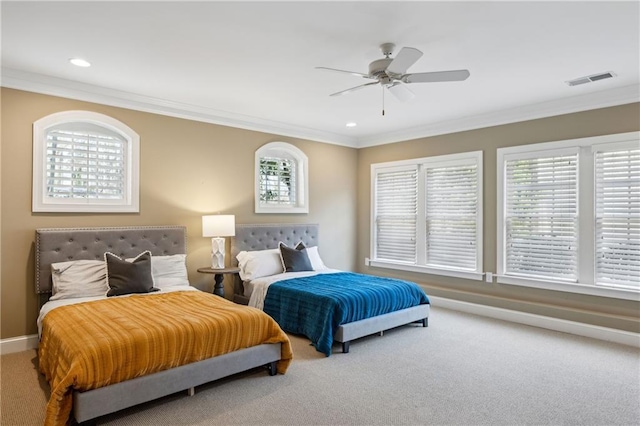 bedroom featuring a ceiling fan, baseboards, recessed lighting, ornamental molding, and carpet flooring