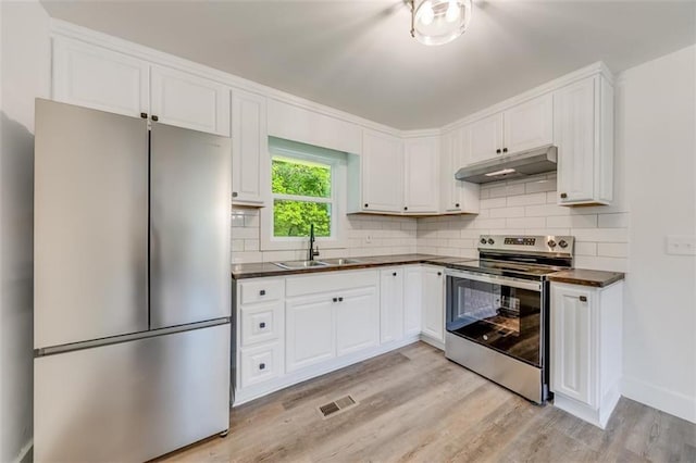 kitchen featuring appliances with stainless steel finishes, under cabinet range hood, dark countertops, a sink, and light wood-style flooring