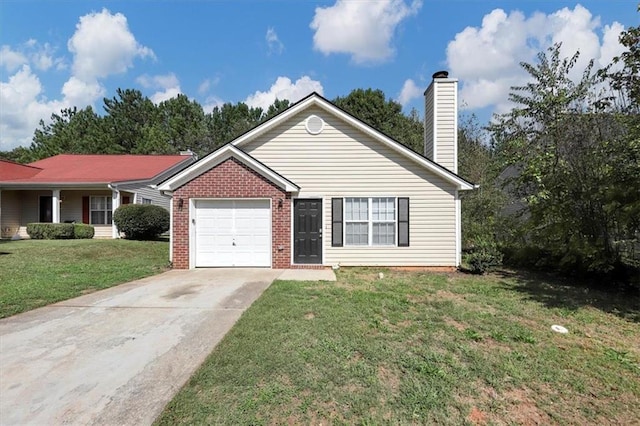 ranch-style house with a garage and a front lawn