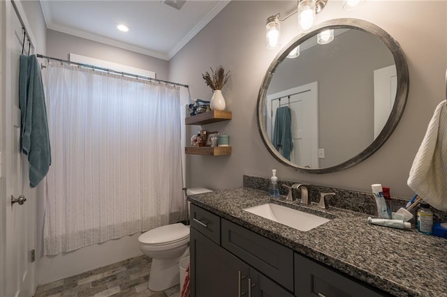 full bathroom featuring vanity, toilet, shower / bathtub combination with curtain, and ornamental molding