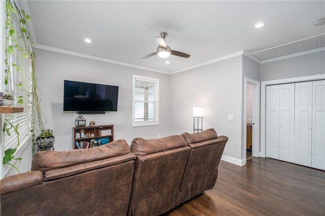 living room with dark hardwood / wood-style flooring, ceiling fan, and crown molding