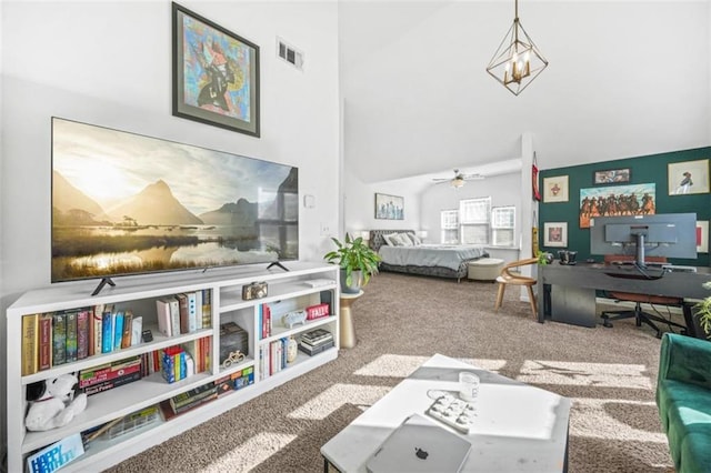 living room with a notable chandelier, carpet floors, and a high ceiling