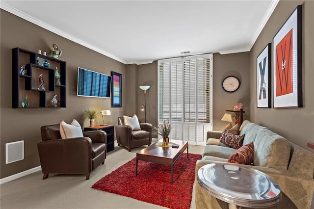 1421 Peachtree St NE Unit 212, Atlanta, GA 30309 - living room featuring ornamental molding, carpet floors, and baseboards