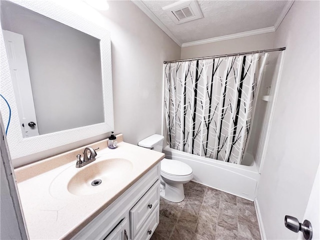 full bathroom featuring a textured ceiling, toilet, shower / tub combo with curtain, vanity, and ornamental molding