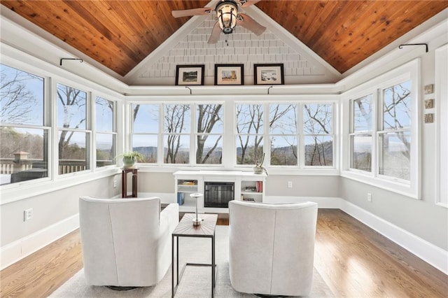 sunroom with plenty of natural light, wooden ceiling, and vaulted ceiling