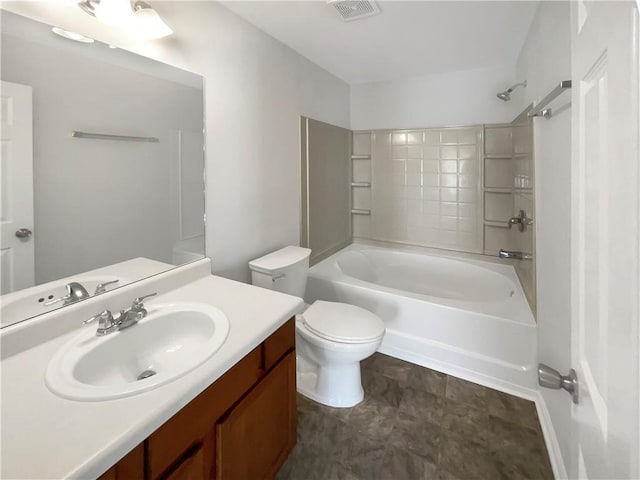 bathroom featuring visible vents, toilet, bathtub / shower combination, and vanity