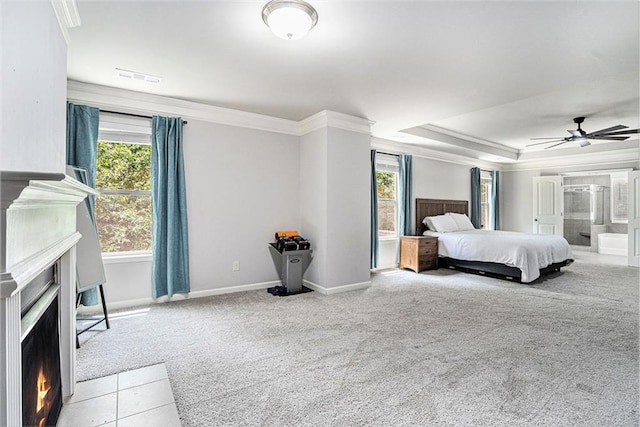 5696 Walnut Mill Ln, Powder Springs, GA 30127 - carpeted bedroom with a fireplace with flush hearth, crown molding, ensuite bath, and ceiling fan