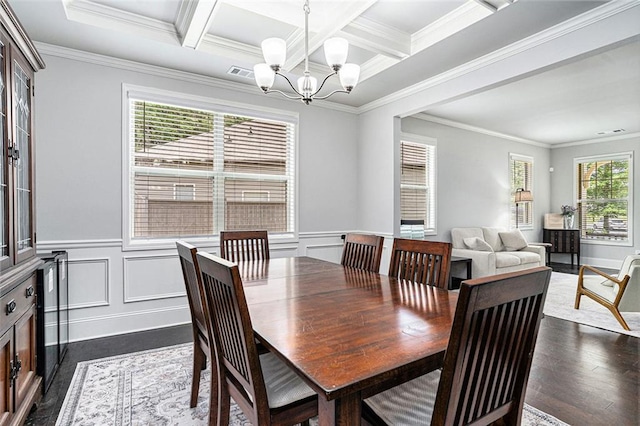 5696 Walnut Mill Ln, Powder Springs, GA 30127 - dining room featuring dark wood-style flooring, a chandelier, crown molding, beam ceiling, and coffered ceiling
