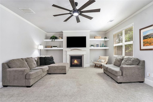 5696 Walnut Mill Ln, Powder Springs, GA 30127 - carpeted living room with ceiling fan, a fireplace with flush hearth, ornamental molding, and built in shelves