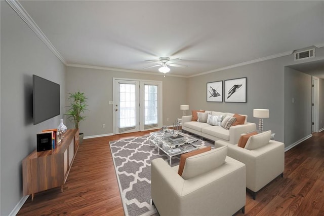 living room featuring crown molding, ceiling fan, and dark hardwood / wood-style flooring