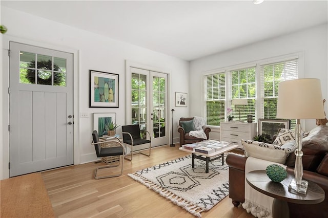 living room with plenty of natural light and wood finished floors