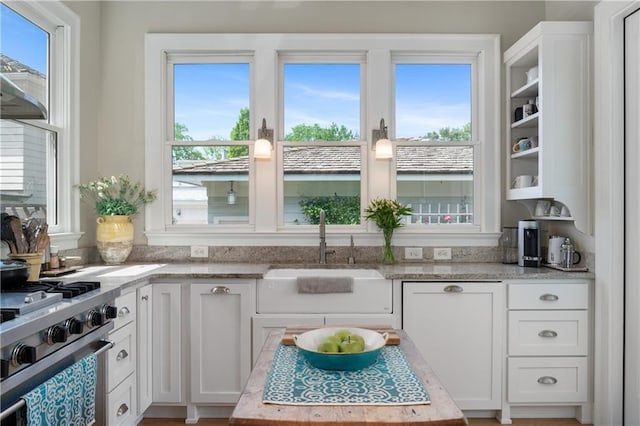 interior space with light stone counters, a sink, high end stainless steel range oven, and white cabinets