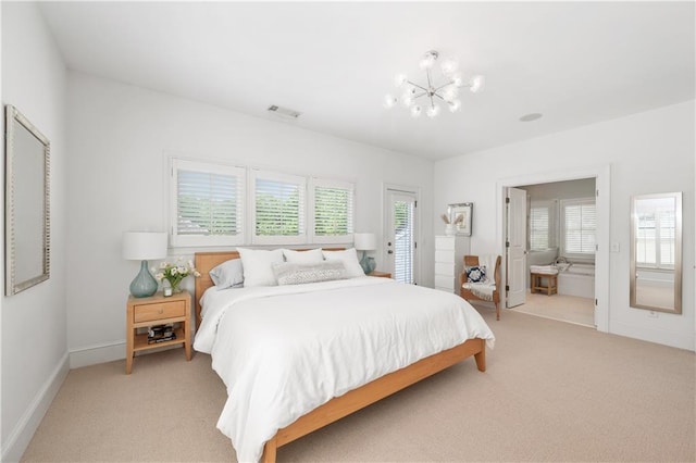 bedroom with visible vents, light carpet, a chandelier, and multiple windows