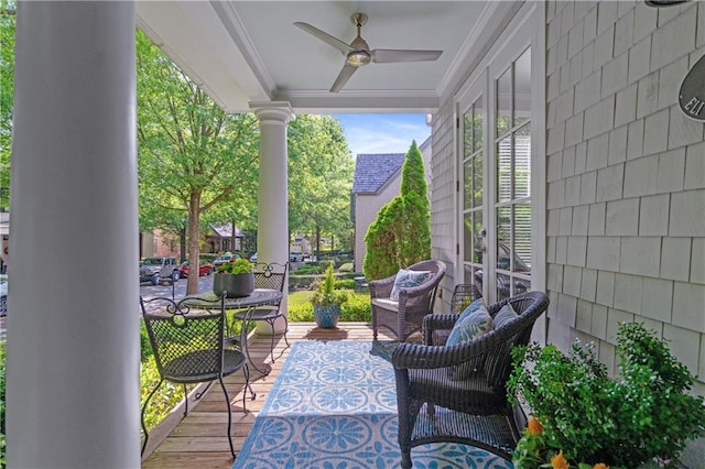 exterior space with covered porch and ceiling fan