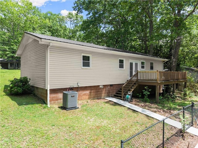 153 Garrison Dr, Cleveland, GA 30528 - back of property featuring central air condition unit, stairs, a wooden deck, french doors, and crawl space