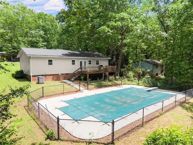 153 Garrison Dr, Cleveland, GA 30528 - view of pool with a deck, a diving board, stairway, central AC unit, and a covered pool