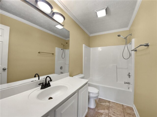 bathroom with toilet, ornamental molding,  shower combination, a textured ceiling, and vanity