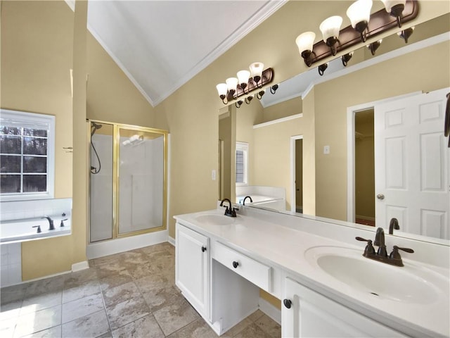 full bathroom featuring vaulted ceiling, a sink, a shower stall, and a bath