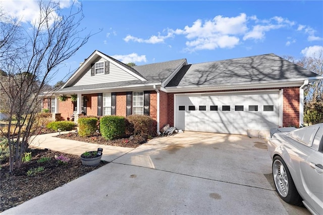 view of front facade with a garage, brick siding, driveway, and roof with shingles