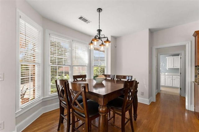 dining area featuring a wealth of natural light, dark wood finished floors, visible vents, and baseboards